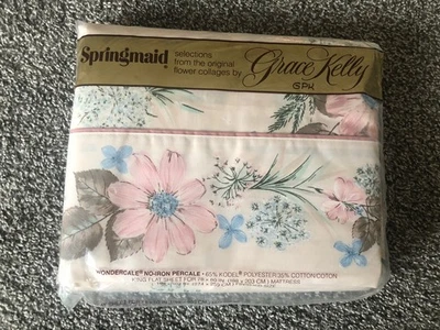Grace Kelly Springmaid King Flat Sheet White with Flowers No Iron PercaleNOS USA - Image 1 of 2