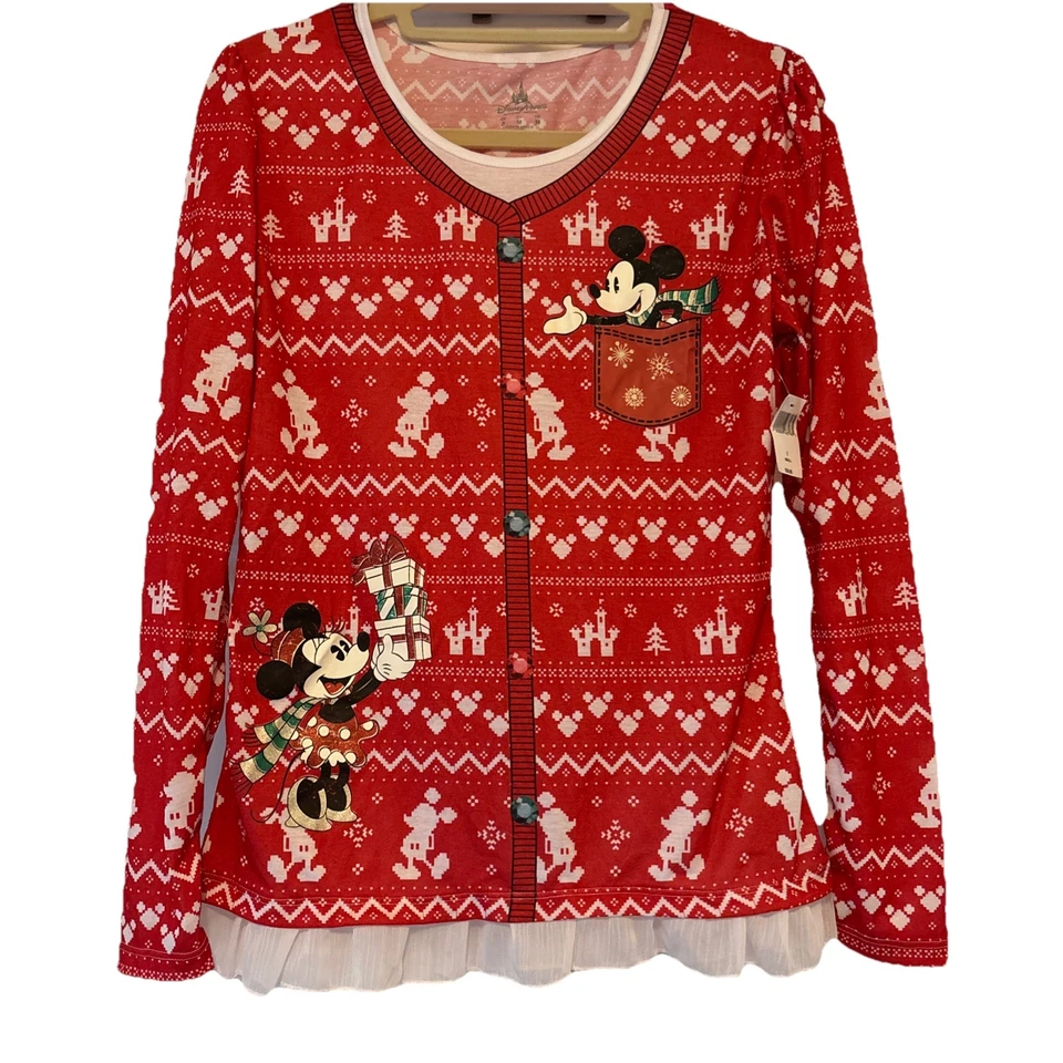 Disney Mickey Minnie Mouse Rojo Blanco Vacaciones Fiesta de Navidad Camisa Volantes Dobladillo Pequeña Foto 1 de 4