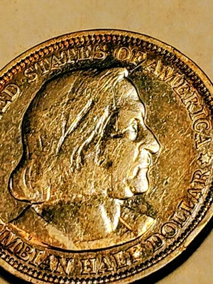 Cowboys RANGE WARS HEATED UP 1893 columbian 50c SILVER Exceptional TONING 🤠 - Image 1 of 4