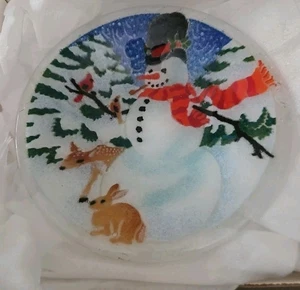 Peggy Karr Smiling Snowman 9" Round Bowl Fused Art Glass - Picture 1 of 5