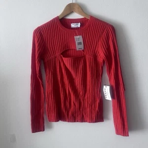 FRAME Shirt Women’s XS Overlap Ribbed Cutout Knit Top  Wool Red Long Sleeve NEW - Picture 1 of 12