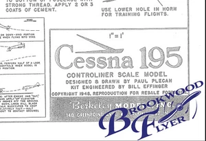 Berkeley CESSNA 195 PLAN + PARTS PATTERNS to Build a 36" UC Scale Model Airplane - Picture 1 of 9