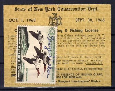 US Stamps RW33 used Duck Stamp on New York Hunting License ZAYIX 1024M0211 - Image 1 of 2