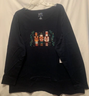 Croft & Barrow 2X Navy w/Nutcrackers Knit Top, Scoop Neck, Long Sleeves NWT - Image 1 of 3