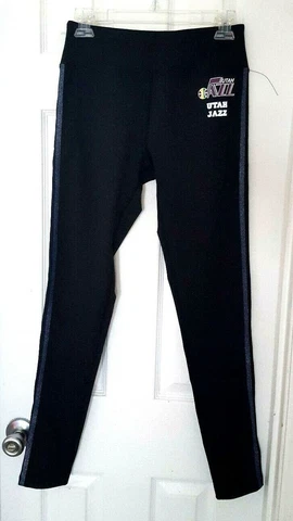 Utah Jazz Women Leggings Size Medium Tights Black Pants Blue Sparkle Stripes Cover