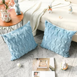 Easter Rabbits Blue Throw Pillow Cover, 18 X 18 Inch Bunny Soft Plush Faux Fur J - Picture 1 of 7