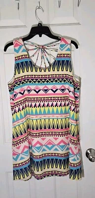 Vintage Voom By Joh Han Shift Tank Mini Dress Geometric Strapy Back Colorful USA - Image 1 of 4