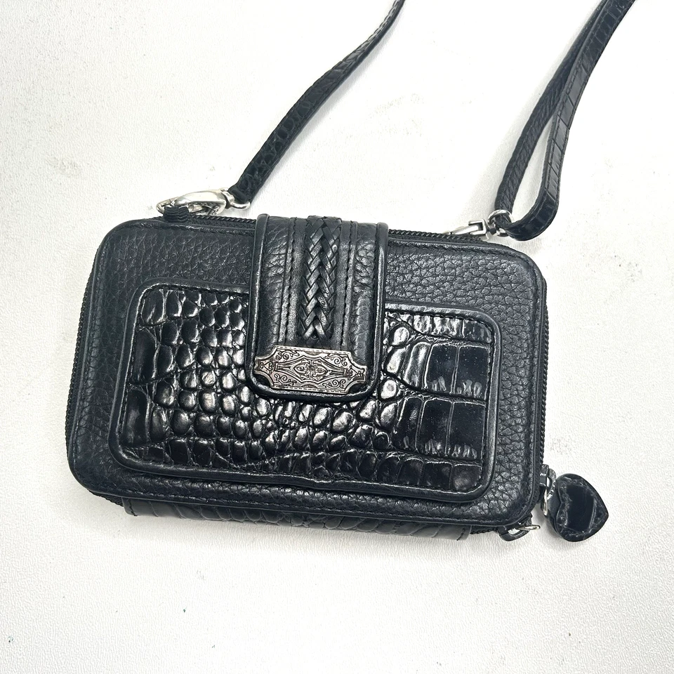 Cartera Bandolera BRIGHTON Negra Croco Cuero Repujado Cremallera Alrededor Foto 1 de 4