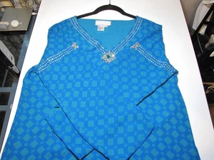 Diane Gilman blue bejeweled floral patterned blouse Size Small - Picture 1 of 6