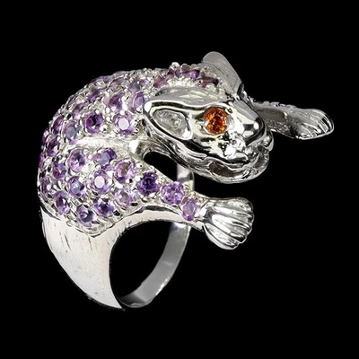 Anillo de plata de ley 925 redondo amatista zafiro piedras preciosas joyería tigre talla 8 Foto 1 de 4