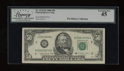 DBR 1988 $50 FRN New York Fr. 2123-B Legacy 45 Serial B90819979A - Image 1 of 2