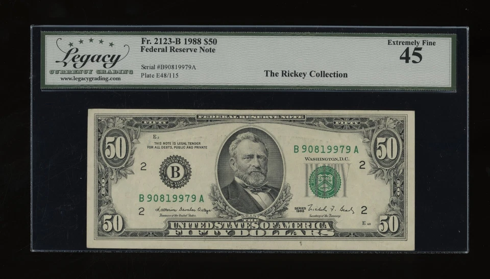 DBR 1988 $50 FRN New York Fr. 2123-B Legacy 45 Serial B90819979A - Image 1 of 2
