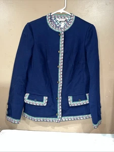 Tricos Paris France Navy Blazer Womens Size 8 Braided Trim Jacket - Picture 1 of 14
