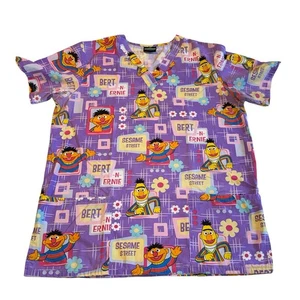 VTG Sesame Street Bert & Ernie Scrub Top Shirt Med Short Sleeve V-Neck Nurse Med - Picture 1 of 7