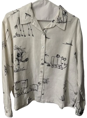 Chico's Button Down SZ 3/L 100% Linen Long Sleeve Animal Artwork Drawling NWOT - Image 1 of 3