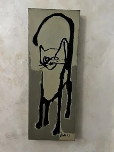 Moderne Kunst Katze Gemälde Acryl 9”x24”x2” Grün Schwarz Signiert "Laube" Original - Bild 1 von 5