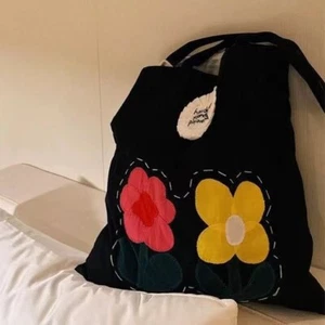 Pot and Tea Japanese Embroidery Color Contrast Flowers Shoulder Canvas Bag - Picture 1 of 12