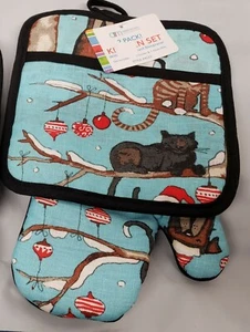 2 pc KITCHEN NEOPRENE SET: 1 OVEN MITT & POT HOLDER, DOGS & CATS IN WINTER, HS - Picture 1 of 9