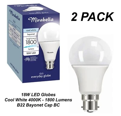 2 x 18W LED Light Globes Bulbs Lamps Cool White 4000K B22 Bayonet - 1800Lm - Image 1 of 4