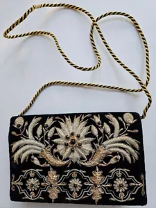 Vintage Black Beaded & Gold Thread Embroidered Velvet Formal Shoulder Bag Clutch - Picture 1 of 12