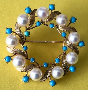 Spilla antica vintage oro 14 carati foglie corona perle turchese 9,3 g splendida! - Foto 1 di 9