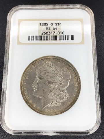 1885 O NGC MS64 Morgan US Silver Dollar | Old Fatty Holder | Rainbow Rim Toning Cover