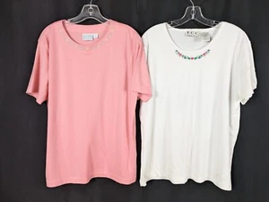 Camiseta de mujer vintage blanca y rosa con cuello de flores manga corta talla XL - Imagen 1 de 15
