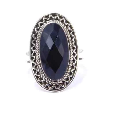 7.60 GM 925 Argento Sterling Massiccio Naturale Onice Nera Taglio Pietra Ring 10 - Immagine 1 di 4