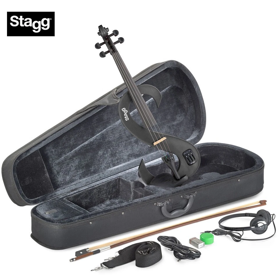 Stagg EVN 4/4 S-Shaped Electric Violin Metallic Black w/ Case, Bow, Headphones - Image 1 of 1