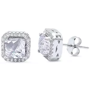 Halo Princess Cut Cubic Zirconia Earring .925 Sterling Silver Earring - Picture 1 of 2