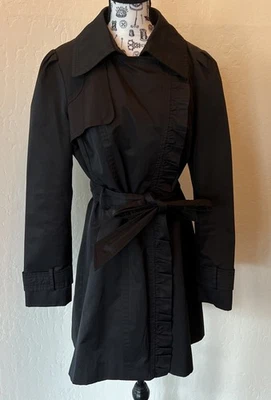 Casaco de chuva feminino Roz & Ali com cinto preto jaqueta trincheira zíper babado forrado pequeno - Imagem 1 de 4