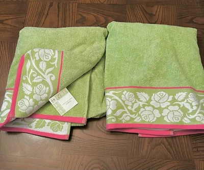 NUEVO Studio D toallas de baño grandes algodón caramelo verde lima rosa con borde floral Foto 1 de 4