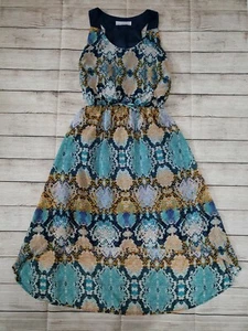 BISOU BISOU SZ 6 SLEEVELESS HIGH LOW HEM BLUE YELLOW BLACK SNAKE PRINT DRESS - Picture 1 of 8