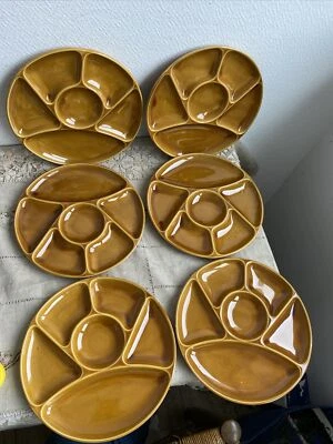 6 Anciennes Assiettes A Fondue Gien Compartiments Marron Ambre Deco Table  - Photo 1/4