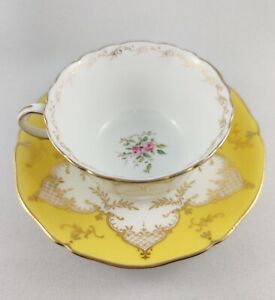 Vintage Coalport Yellow & Gold Trim Floral Pattern Porcelain Cup & Saucer Duo