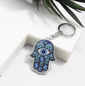 Hamsa Hand Evil Eye Turkish  Acrylic Keyring Blue Key Ring Keychain - Picture 1 of 2