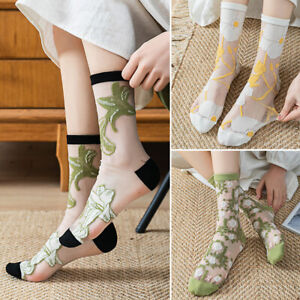 1 Pair Women Flower Lace Socks Transparent Thin Crystal Silk Short Ankle Socks