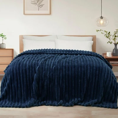 90x104 Inch King Size Navy Blue Flannel Fleece Blanket Super Soft Striped - Image 1 of 4