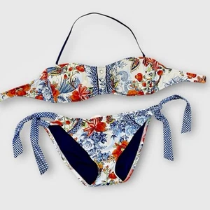 Women’s Lucky Brand Bandeau Bikini Set Sz Large Floral Gingham Tie Sides - Picture 1 of 15