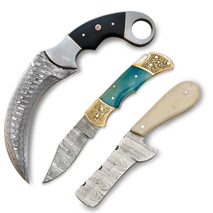 3-Piece Custom Damascus Knife Set – Karambit, Folding, & Fixed Blade - EDC Tools - Picture 1 of 16