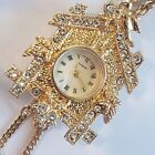 Vintage Necklace Gold Tone Cuckoo Clock Watch Or  Pendant 28" Chain Rhinestones