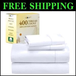 Durable 100% Cotton Full Size Bed Sheet Set - 400 Thread Count, Machine Washable - Picture 1 of 10