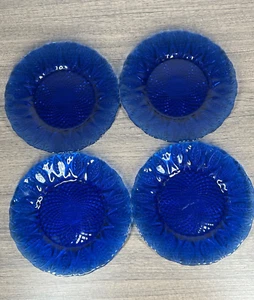Vintage Blue Glass Plates Set of 4 Leaf Pattern Made in France - Picture 1 of 21