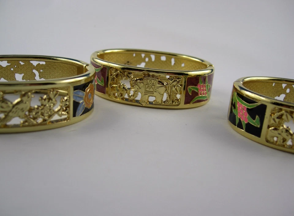 Goldener Armreif klappbar Elefanten o. Vogel Motiv Emaille Verzierung Cloisonne - Bild 1 von 1