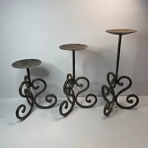 Wrought Iron Pillar Candle Holders, Set Of 3, Goldish Black, Graduating Sizes  - Picture 1 of 18