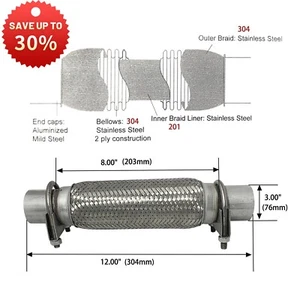 Flex Couplers 3.00"x8.0" Heavy Duty Exhaust Flex Pipe 12.0" OL W/Two Band Clamps - Picture 1 of 8