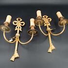 Antique French Sconces Pair Gilt Brass Wall Bow Tassel PETITE Ornate 11"