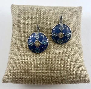 Vintage Berebi Earrings, Blue Enamel, Darkened Silver, Tribal Motif, Pierced - Picture 1 of 7