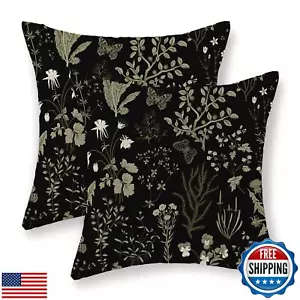 JEFERSO Spring Floral Pillow Covers 18x18 Set of 2 Black Sage Green Wild Flow - Picture 1 of 5
