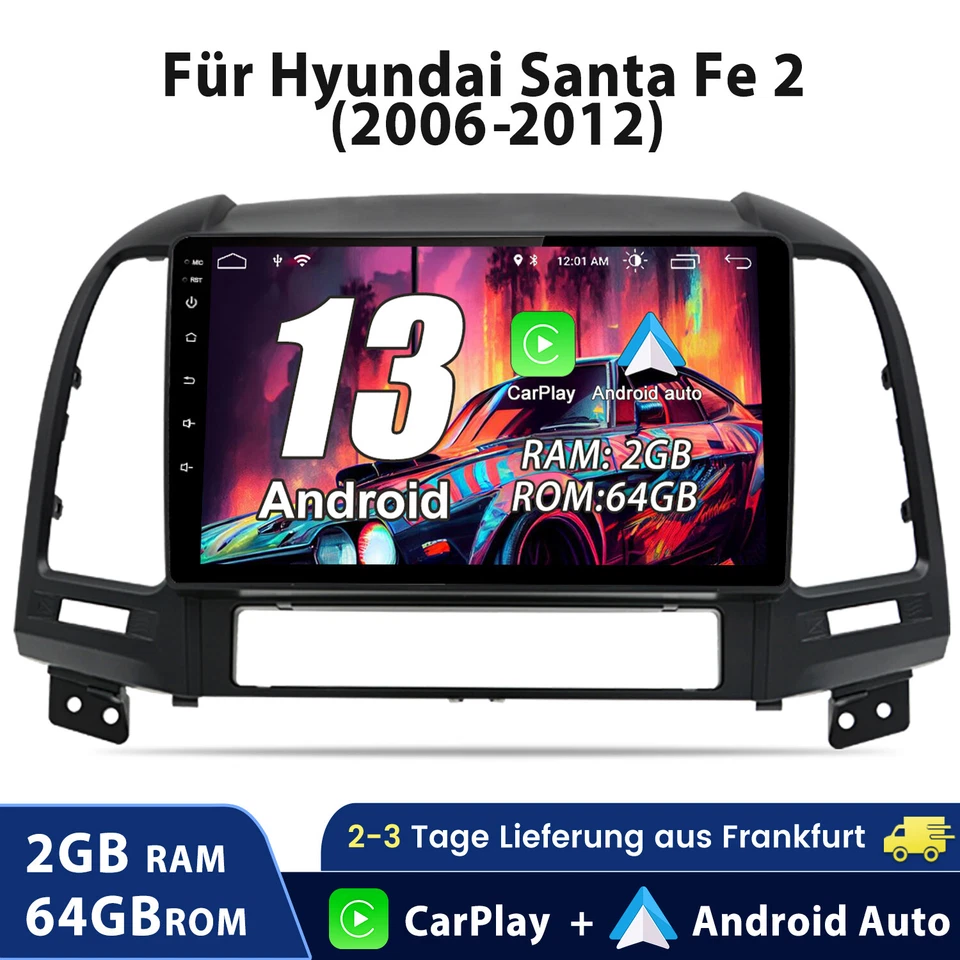 Für Hyundai Santa Fe 2 2006-2012 GPS Nav SWC RDS BT Carplay Android 13 Autoradio - Bild 1 von 4
